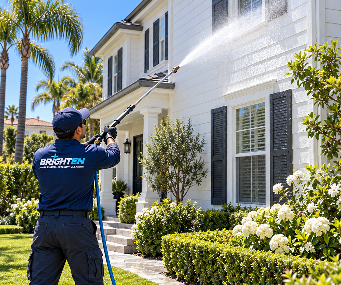 BRIGHTEN technician washing the siding of a home with palm trees nearby