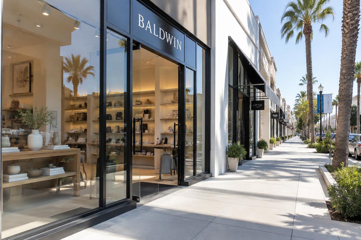 Clean commercial storefront and sidewalk on a sunny street