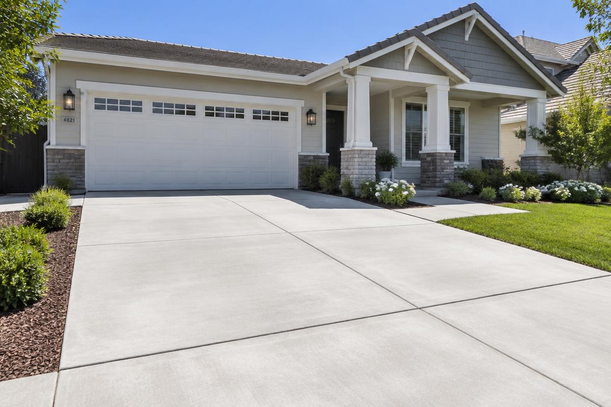 Bright, freshly cleaned concrete driveway in front of a suburban home