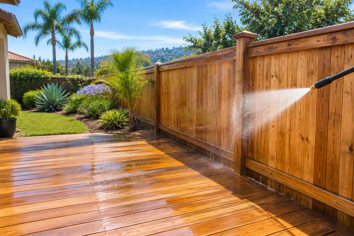 Wood deck and fence being rinsed in a sunny backyard