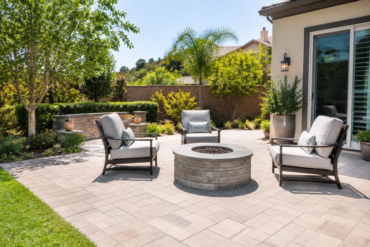 Clean paver patio with outdoor seating and a fire pit