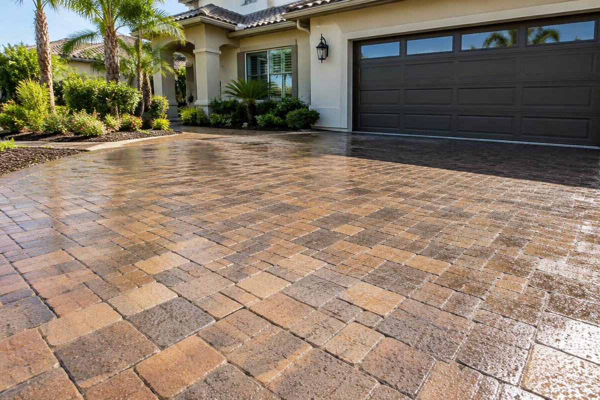Freshly cleaned paver driveway with a subtle sealed finish