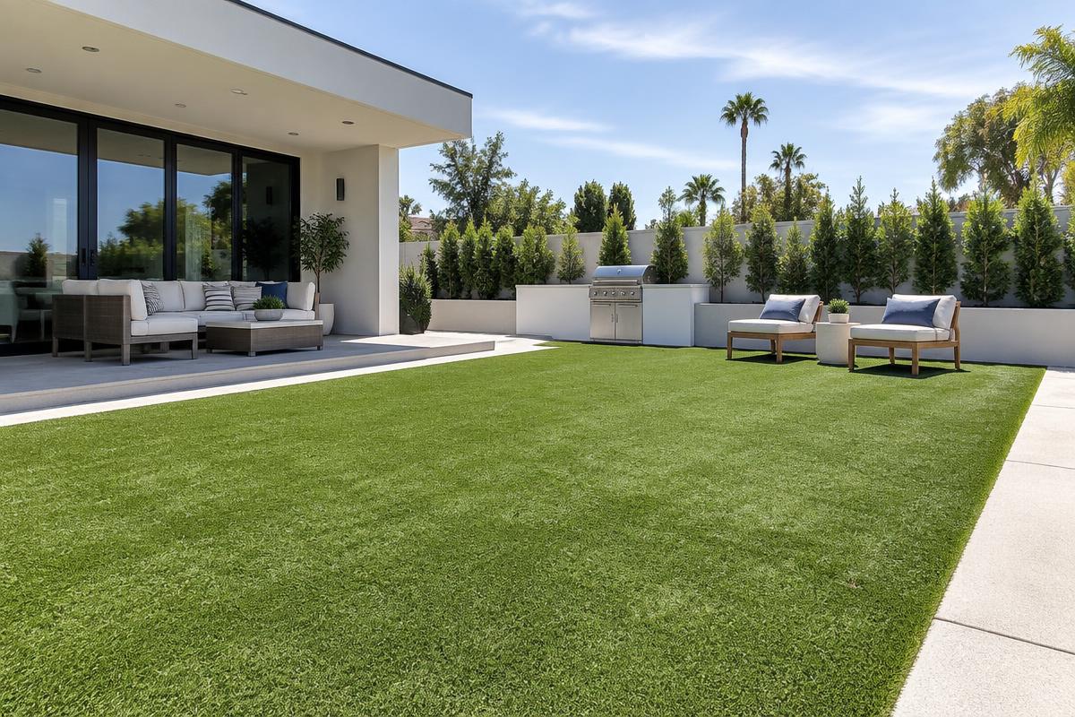 Clean artificial turf lawn in a modern backyard with patio seating
